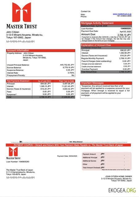 Japon Relevé hypothécaire de la Master Trust Bank of Japan Modèle Word et PDF